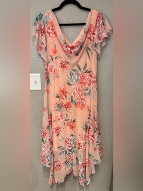 Signature by Robbie Bee Floral Cowl Neck Handkerchief Midi Dress Size 14